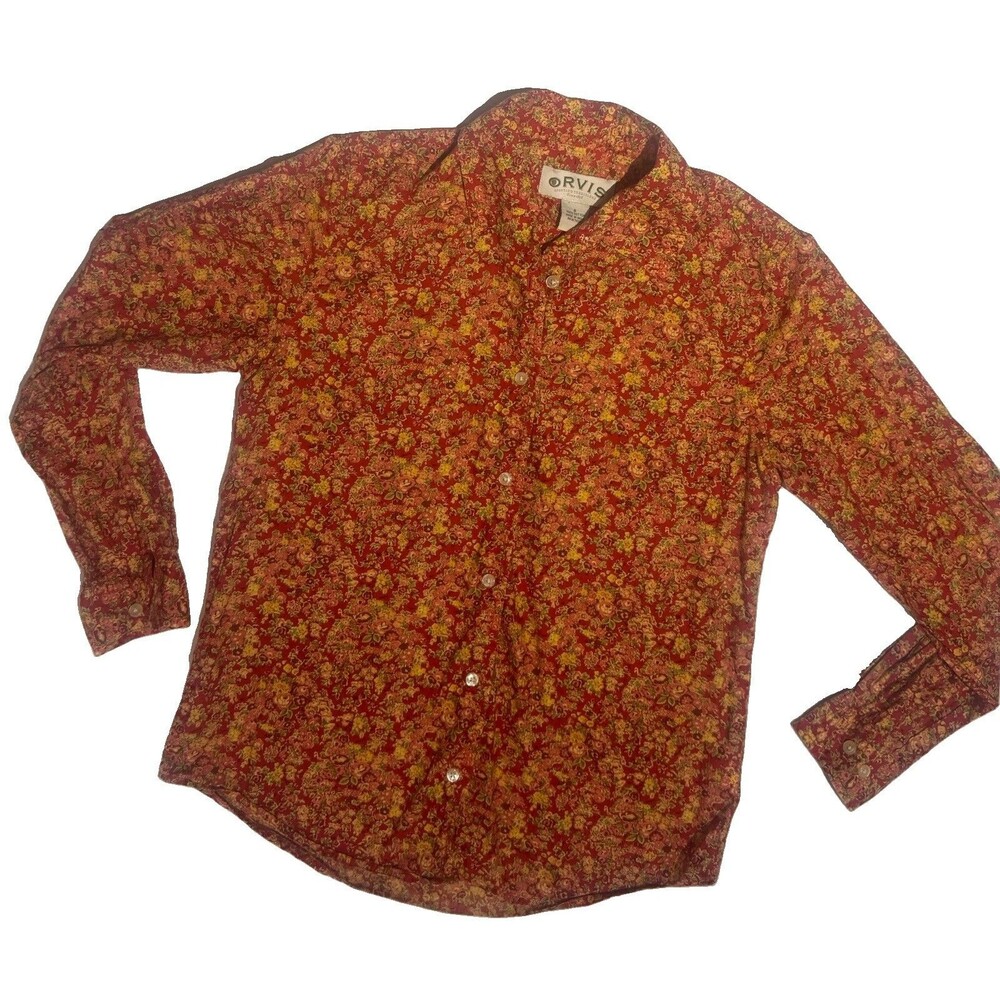 Orvis Floral Button Front Blouse Red Orange Long Sleeve 100% Cotton Sz 6 Boho